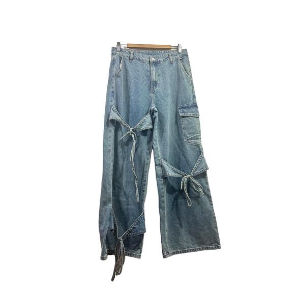 Cider Denim - Cider Denim Jeans Womans Size Large Light Blue Cargo Tie Detail Wide Leg Denim
